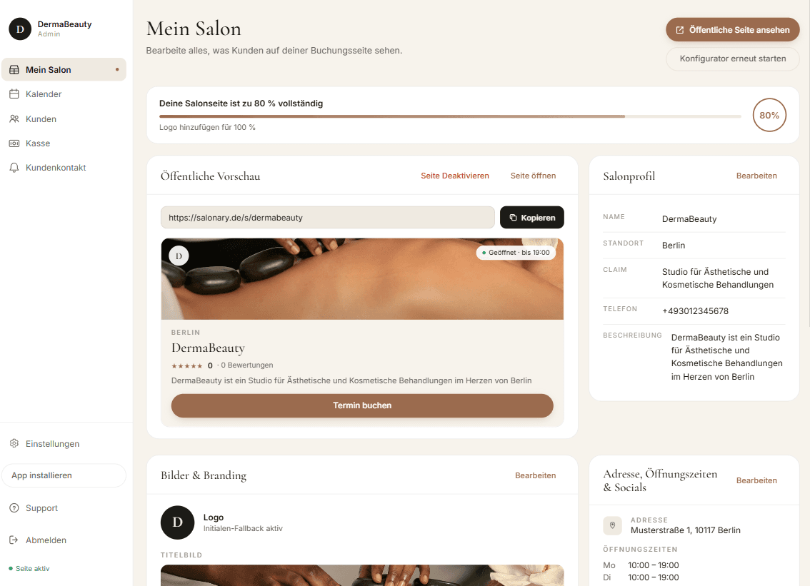 Dashboard von Salonary – Buchungsplattform für die Beauty-Branche, entwickelt von Perfect Web